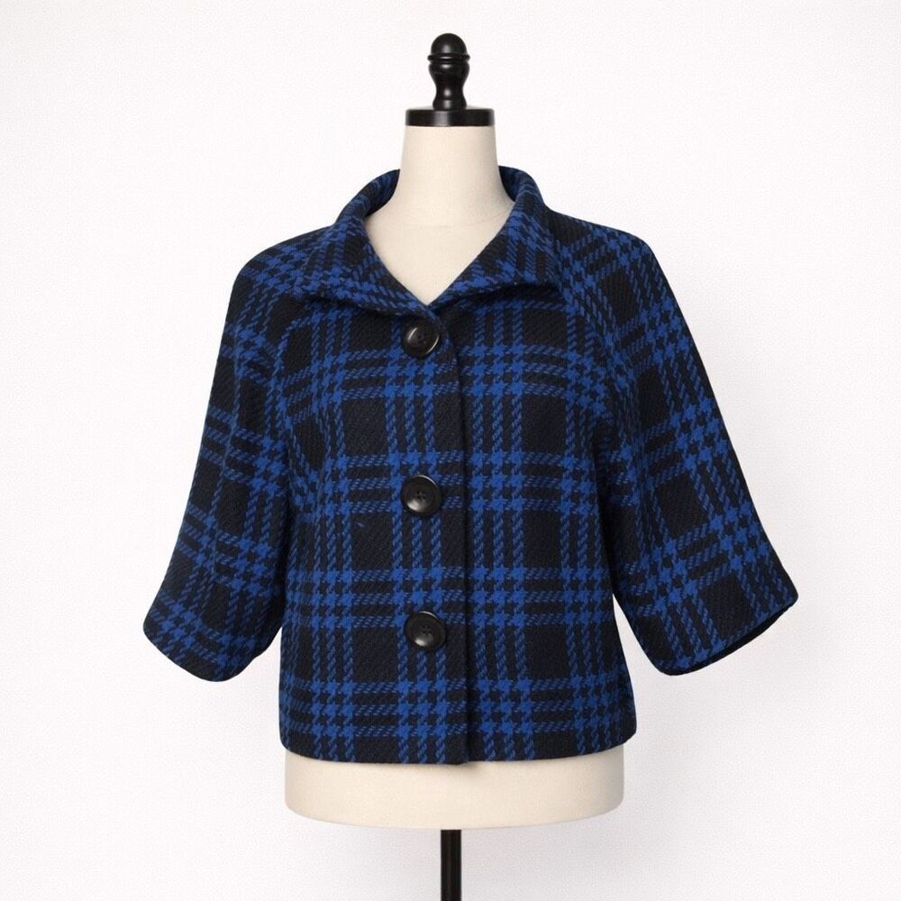 The Limited Blue Black Plaid Cropped Jacket Small Button Front